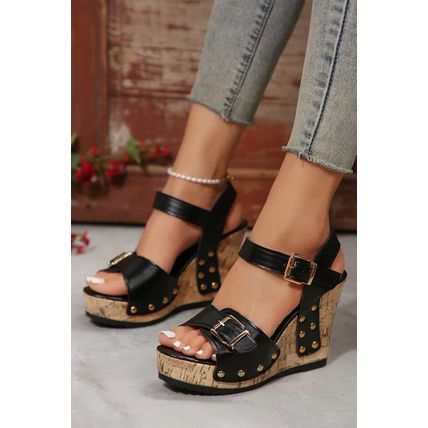 Black Rivet Buckle Closure Wedge Sandals