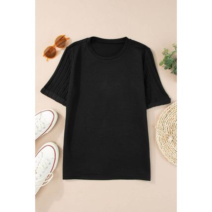 Black Ribbed Splicing Sleeve Round Neck T-shirt