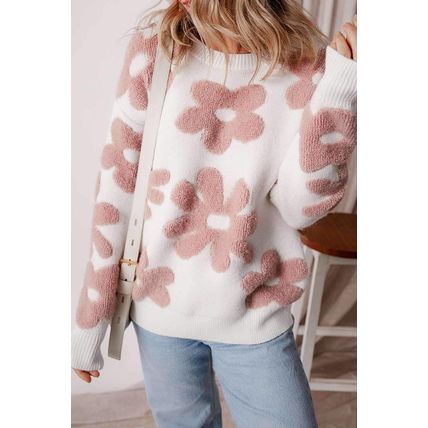 White Textured Flower Drop Shoulder Loose Sweater