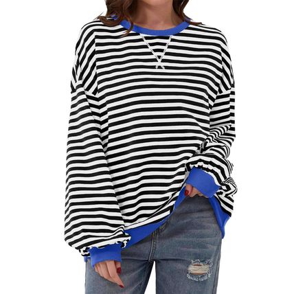 Black Stripe Oversized Contrast Trim Pullover Sweatshirt
