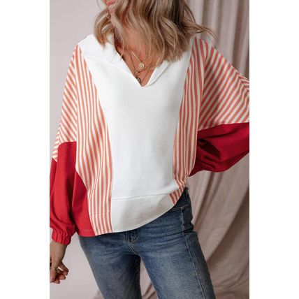 White Striped Color Block Collared V Neck Oversized Sweatshirt