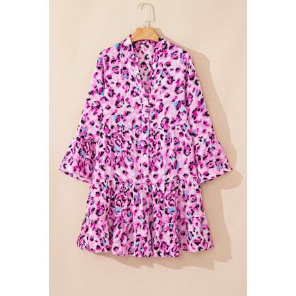 Rose Leopard Print Buttoned Front 3/4 Sleeve Tiered Ruffled Hem Dress