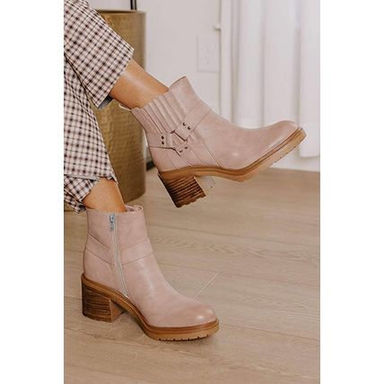 Beige Ring Linked Zipper Chunky Heel Ankle Boots