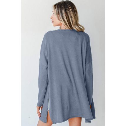 Ashleigh Blue Solid Color Rib Knit Open Front Tunic Cardigan