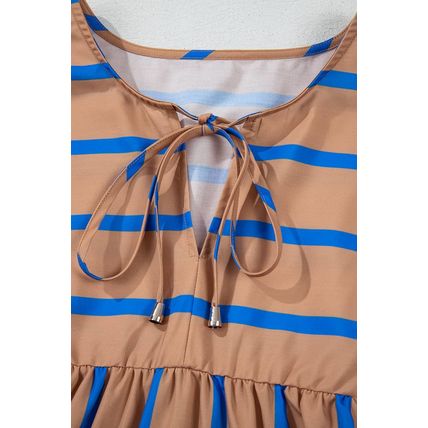 Khaki Stripe Contrast Striped Print 3/4 Sleeve Babydoll Plus Size Dress