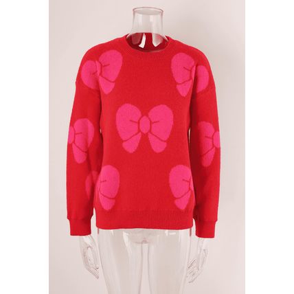 Fiery Red Valentine Bowknot Knitted Round Neck Fashion Sweater