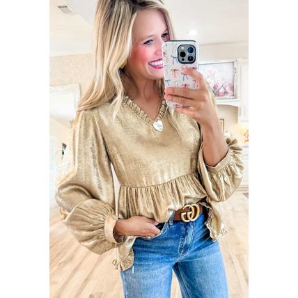 Gold Metallic Frilled V Neck Puff Sleeve Babydoll Blouse