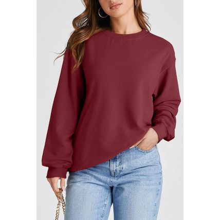 Burgundy Plain Drop Shoulder Crewneck Pullover Sweatshirt