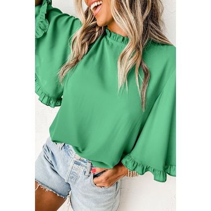 Green Frilly Round Neck Wide Half Sleeve Blouse