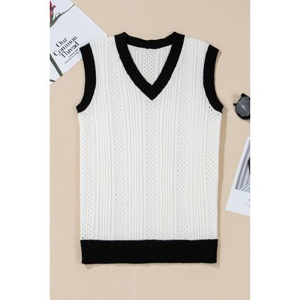White Contrast Trim Eyelet Knit Colorblock V Neck Sweater Vest