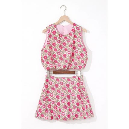 Pink Floral Print Puffy Cropped Tank and Mini Skirt Set