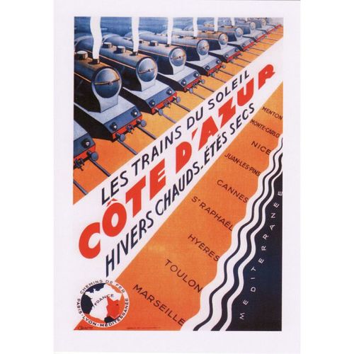 Railway Poster Art Postcard Cote D'Azur France PLM Les Trains Du Soleil