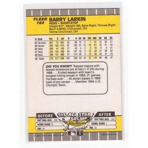 1989 Fleer Barry Larkin baseball card #164 – Reds