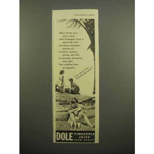 1940 Dole Pineapple Juice Ad - Thirsty on Picnic Jaunt