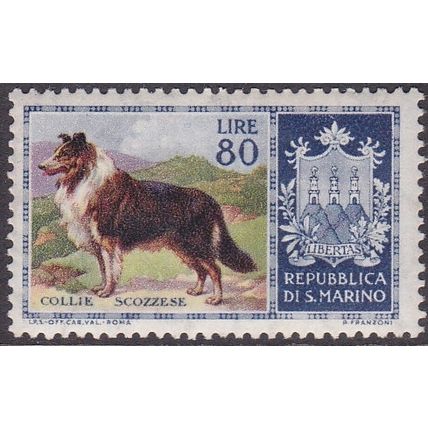 San Marino 1956 - sg516 - 80L Rough Collie dog - VLMM, gum crease (ref 225)