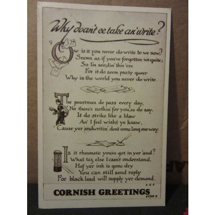humour poem, CORNISH GREETING, CORNWALL. unused vintage postcard by F Frith /