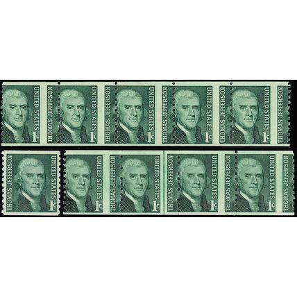 1299, Misperfed Strip of 5 & Line strip of 4 - 1¢ Jefferson coils - Stuart Katz