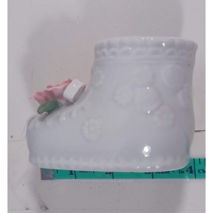 white baby booty with pink flower GLASS CERAMIC PORCELAIN MINIATURE SHOES VINTAG
