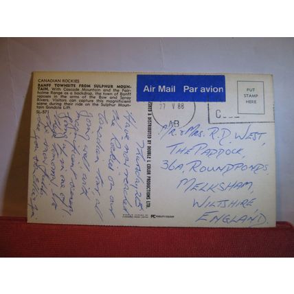BANFF TOWNSHIP FROM SULPHUR MOUNTAIN, ALBERTA, Canada used postcard 1988 pm #