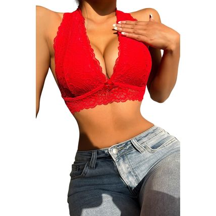 Red Lace Crochet Halter Neck Bralette