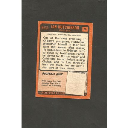 A&BC Orange Back Football 1970-71 #60 Ian Hutchinson Chelsea