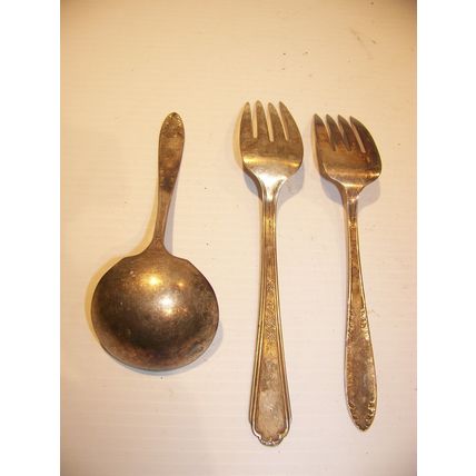 1938 PLYMOUTH SILVERPLATE SERVING FORK JEWEL PATTERN + KING EDWARD LADLE & FORK