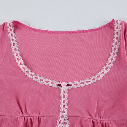 Korean Fashion Frill Pink Crop Top Women T-shirts Slim Y2k Cute Lace Trim Coquet