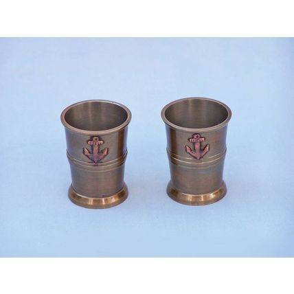 Antique Brass Anchor Shot Glasses With Rosewood Box 4"" - Set of 2