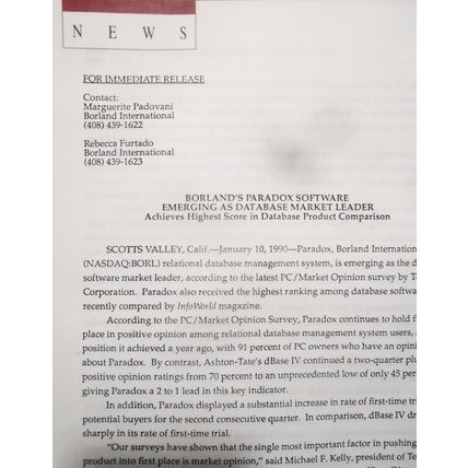 1990 Borland Paradox, Quattro Pro & Reflex win top awards. 4 press releases.