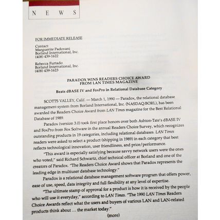 1990 Borland Paradox, Quattro Pro & Reflex win top awards. 4 press releases.