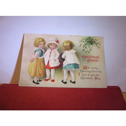 CHRISTMAS CHEER, used antique postcard by Wildt & Kray 3 young girls =
