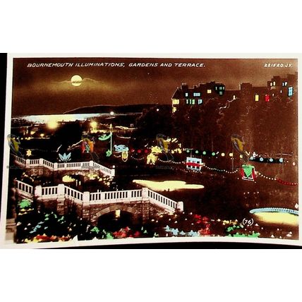 Bournemouth Illuminations, Gardens & Terrace, Dorset, Valentines, Postcard, 1934