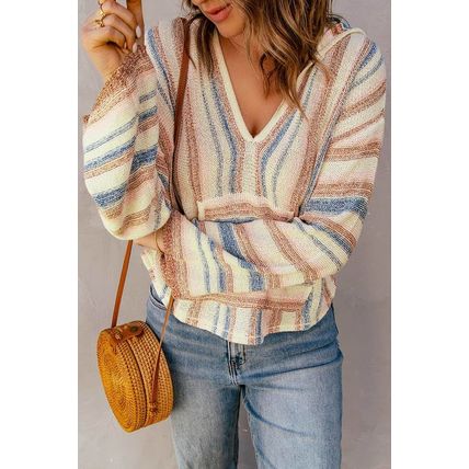 Multicolor Striped Knit Kangaroo Pocket Hooded Sweater