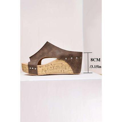 Chestnut Hollow Out Studded PU Leather Wedge Slippers