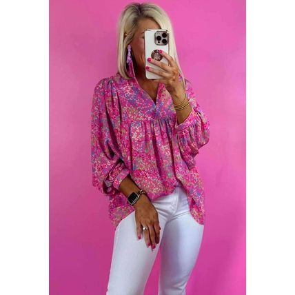 Bonbon Abstract Print Collared V Neck Babydoll Blouse