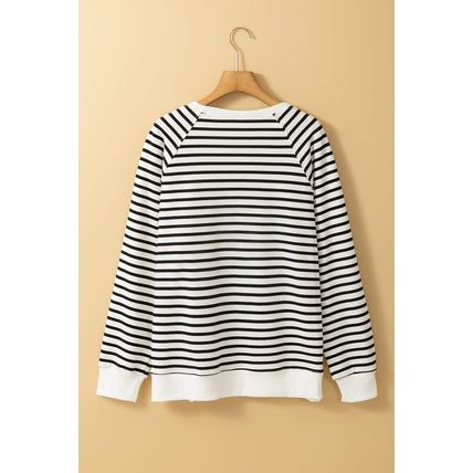 Black Stripe Raglan Sleeve Side Slits Loose Sweatshirt