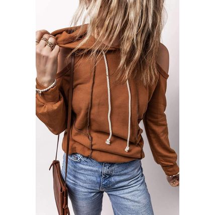 Cinnamon Exposed Seam Cold Shoulder Drawstring Hoodie