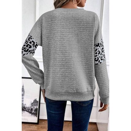 Gray Leopard Quilted Patchwork Crew Neck Sweatshirt