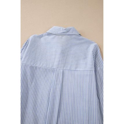 Sky Blue Stripe Ruffled Button up Long Sleeve Shirt