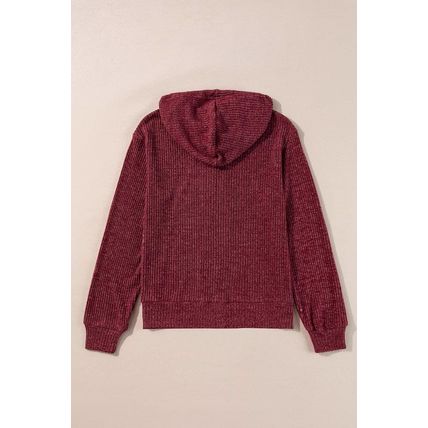 Red Dahlia Ribbed Zip Up Front Drawstring Hoodie