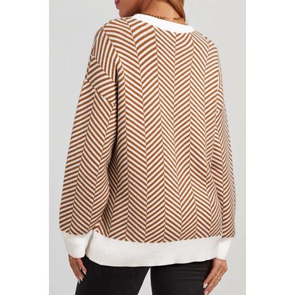 Coffee Contrast Edge Crew Neck Drop Shoulder Sweater