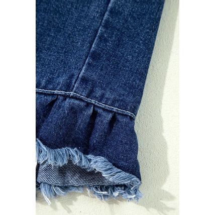 Navy Blue Ruffle Raw Hem Flap Pockets Denim Jacket