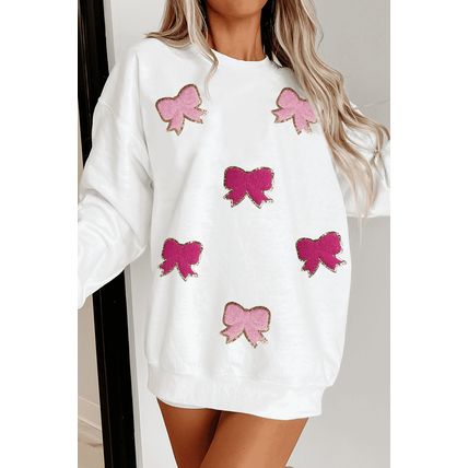 White Chenille Bowknot Graphic Drop Shoulder Baggy Sweatshirt