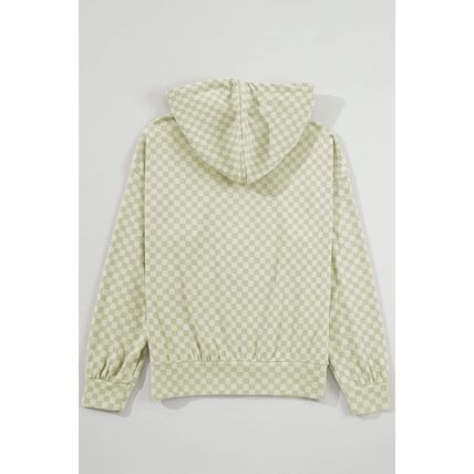 Green Checkered Print Kangaroo Pocket Drawstring Hoodie