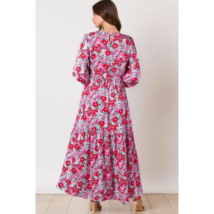 Sky Blue Floral Print Smocked Lantern Sleeve Tiered Maxi Dress
