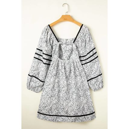 Gray Floral Print Open Back Balloon Sleeve Square Neck Mini Dress