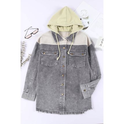 Gray Color Block Button Down Hooded Corduroy Jacket