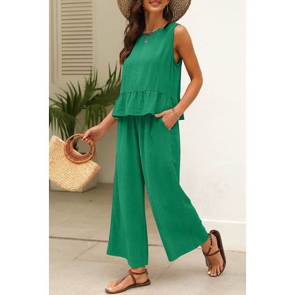 Green Solid Color Ribbed Ruffle Tank Top and Pants Set