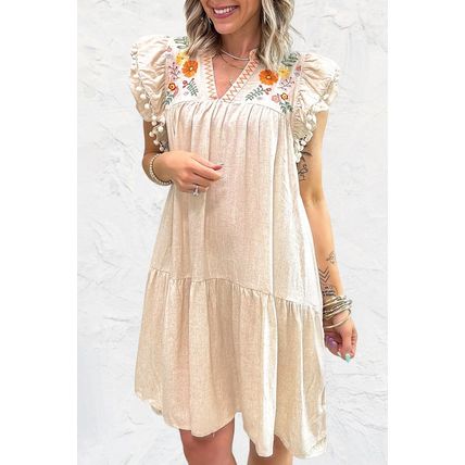 Jet Stream Linen Embroidery Split Neck Pom Pom Ruffle Sleeves Flowy Short Dress