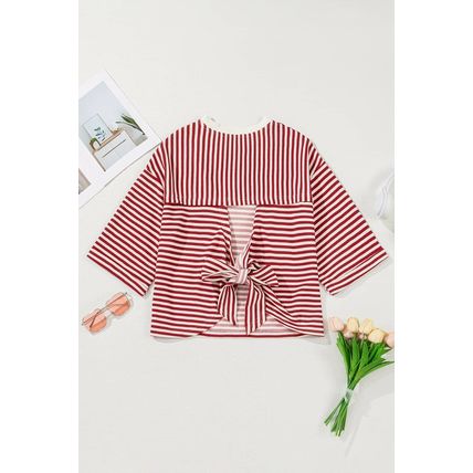 Red Stripe Bowknot Cutout Back Drop Shoulder Wide Bracelet Sleeve Loose Tee